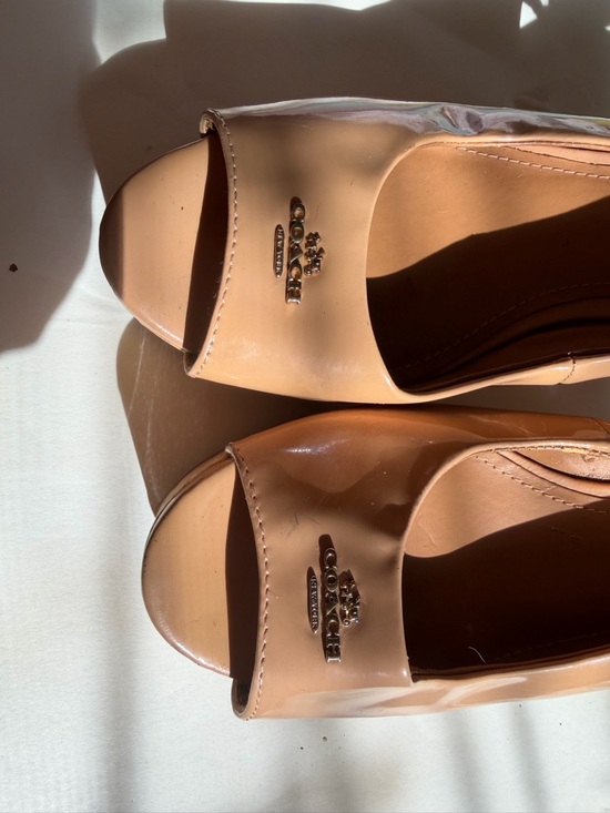 Coach Shoes - Coach Nude/Tan Peep-Toe Leather wedges with Logo Accent